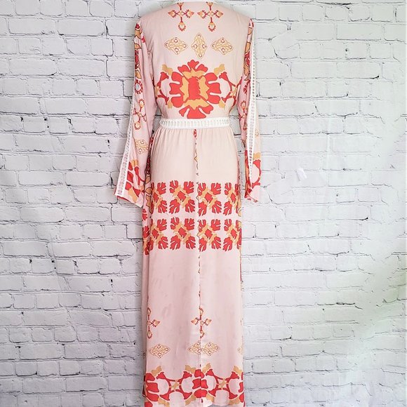 NWT Cage Trimmed Boho Beige Red Gold Maxi Dress - Picture 5 of 9